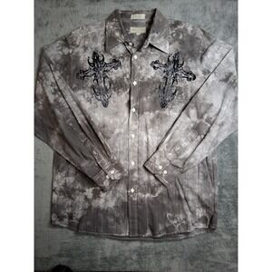 Vintage Eighty Eight Grey Tie-Dye Cross Wings Smoke Grunge Button Up Mens L Y2K